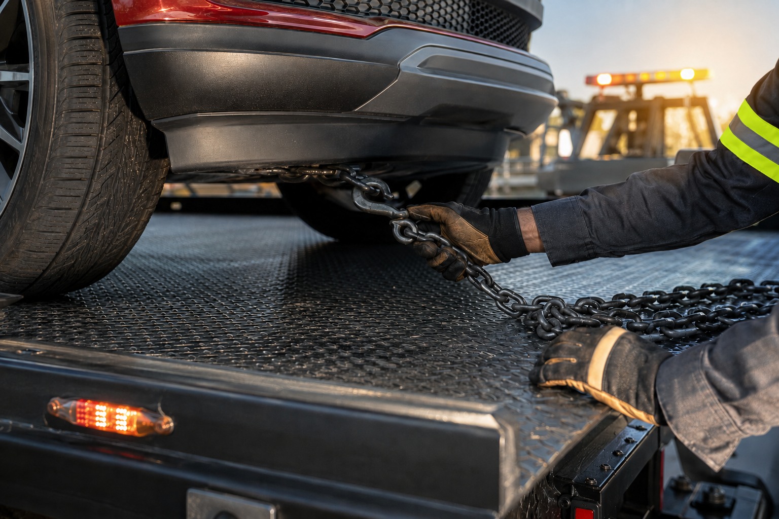 Close-up of a tow operator securing a chain under a vehicle on a flatbed at dusk