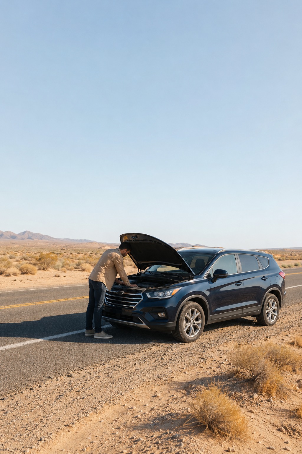 A driver checking under the hood of an SUV stopped on an empty desert highway