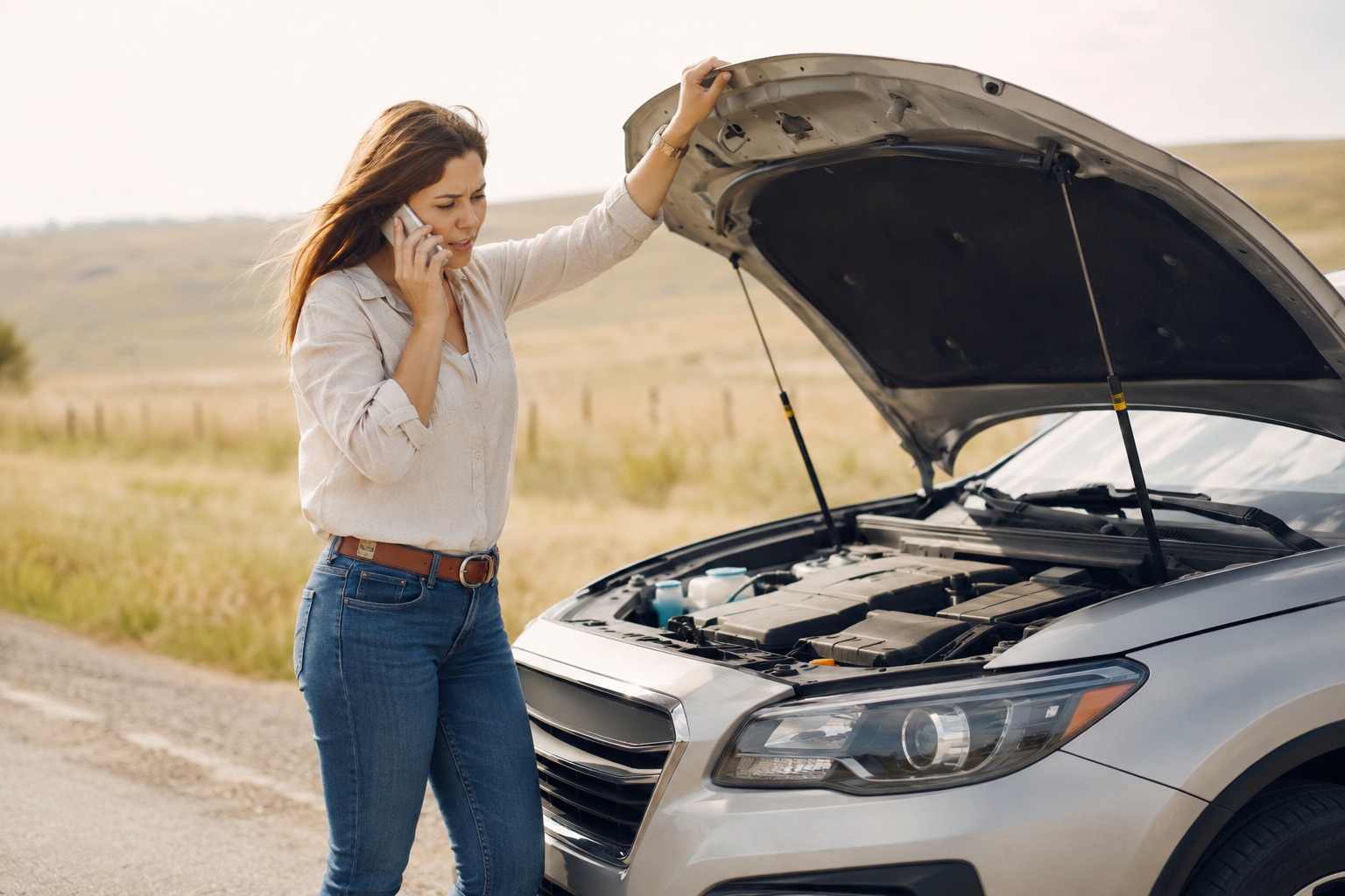 A driver on the phone beside a car with the hood up on a rural road