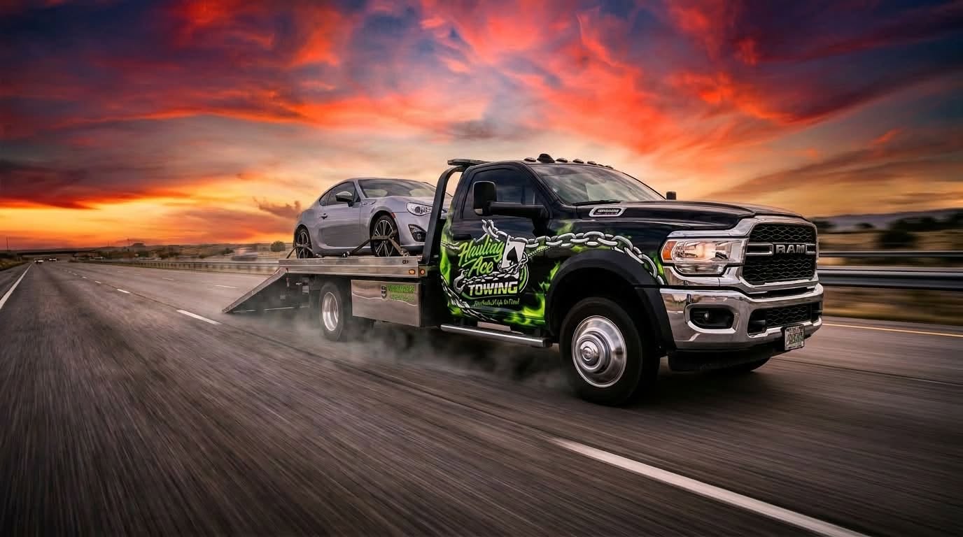 Hauling Ace Towing flatbed hauling a sports car at sunset in Utah